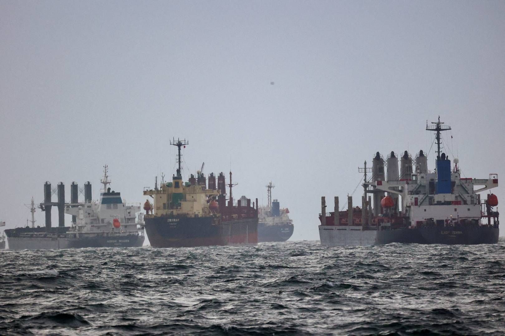Tørlastskibe venter på at blive inspiceret i Tyrkiet efter at være sejlet fra Ukrainske havne lastet med korn. | Foto: Yoruk Isik/Reuters/Ritzau Scanpix