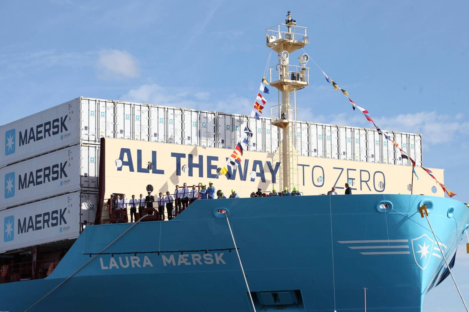 Et af Mærsks første containerskibe til metanol, Laura Mærsk. | Foto: Steffen Trumpf/AP/Ritzau Scanpix