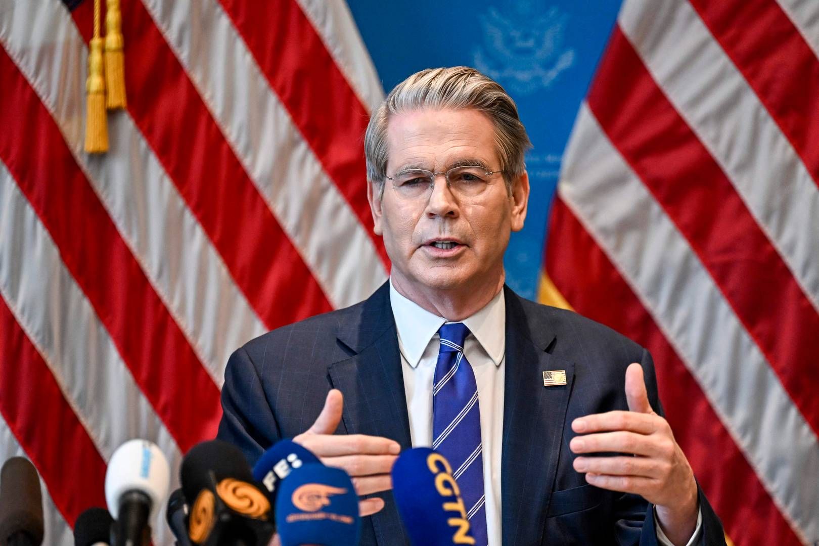 USA’s finansminister, Scott Bessent, på pressekonference mandag i Geneve efter melding om pause i toldkonflikten med Kina. | Foto: Fabrice Coffrini/AFP/Ritzau Scanpix
