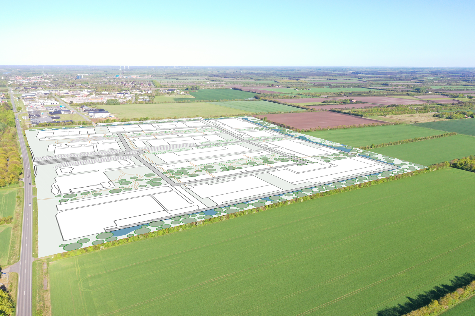 Illustration af den mulige udformning af det nye butiksområde, der forventes at kunne skabe op til 1000 nye arbejdspladser ifølge investorerne bag. | PR-visualisering: Daugaard Pedersen / Hanssen Ejendomme