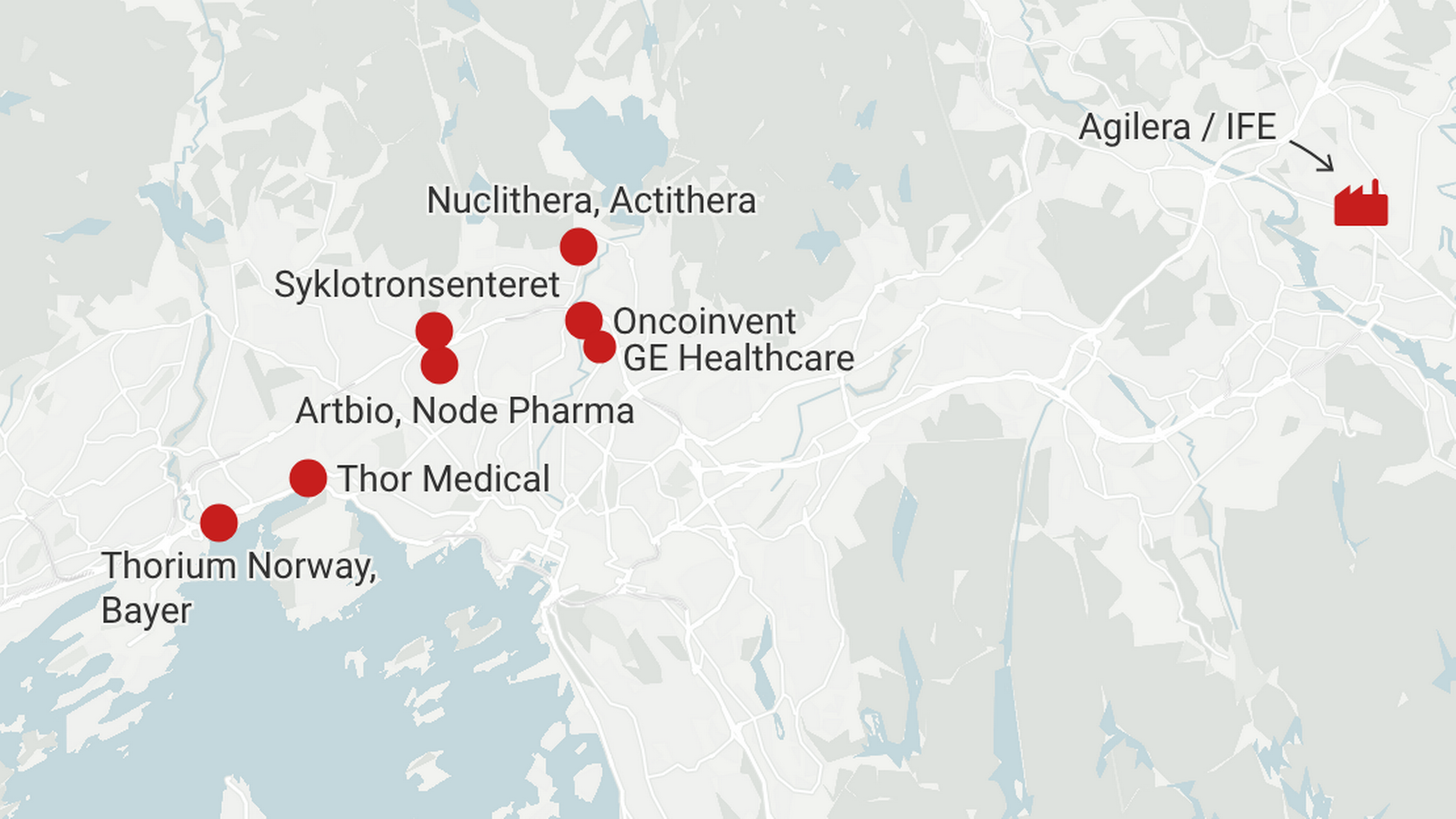 RADIOFARMASI: Det er en mangfoldig historie som har ført til at miljøet i Oslo i dag har potensiale til å spille en viktig rolle i den globale radiofarmasien - en moderne måte å behandle og diagnostisere kreft med radioaktivitet. Kartet viser tettheten av bedrifter i Oslo-området. Thor Medical har for øvrig også produksjonslokaler på Herøya i Porsgrunn, Telemark.