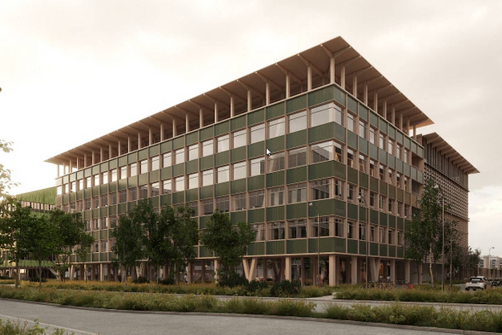 En foreløbig visualisering fra tegnestuen Cobe af byggeriets kontordel ud mod Sundkrogsgade. Det bagvedliggende p-hus er tegnet af Os Arkitekter. | PR-visualisering: Cobe