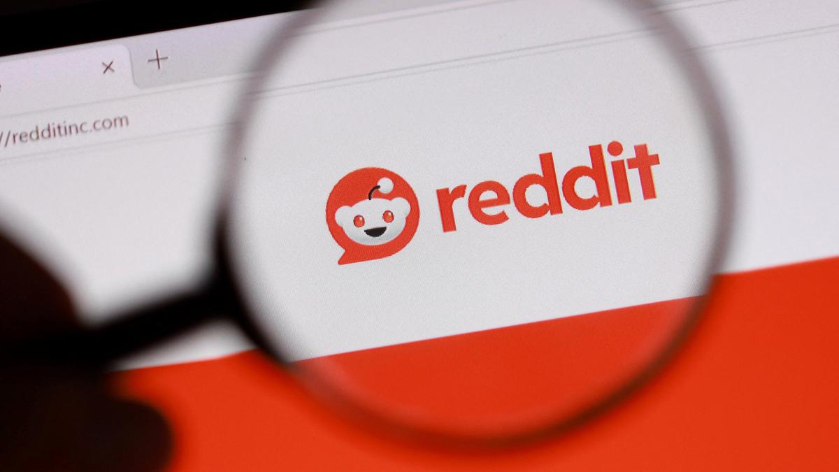 Reddit-logo på en skærm set gennem et forstørrelsesglas